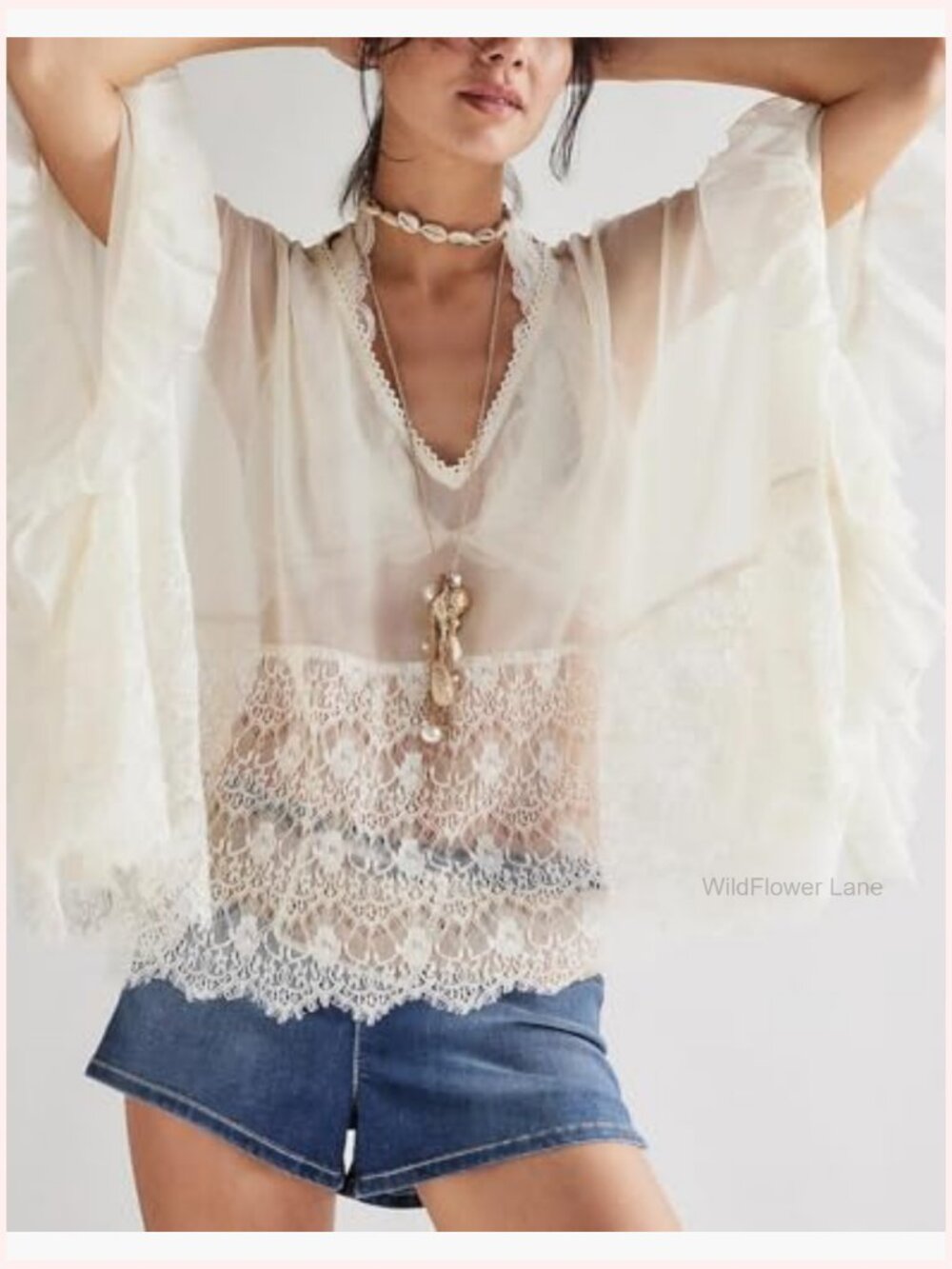 Lace Poncho Top Y2k Batwing Sleeve Sheer See Through Chiffon Blouse Loose - Picture 4 of 7